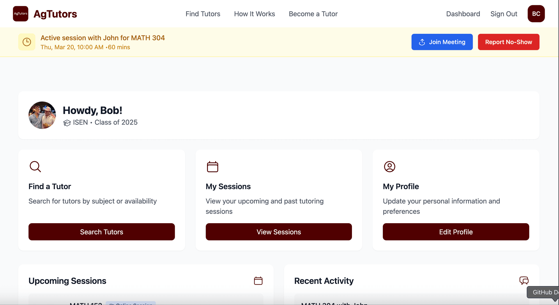 Screenshot showing the no-show button in the dashboard
